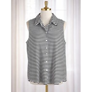 Chico's No Iron Cotton Top Black White Striped Sleeveless Button-Down Size 4 XXL